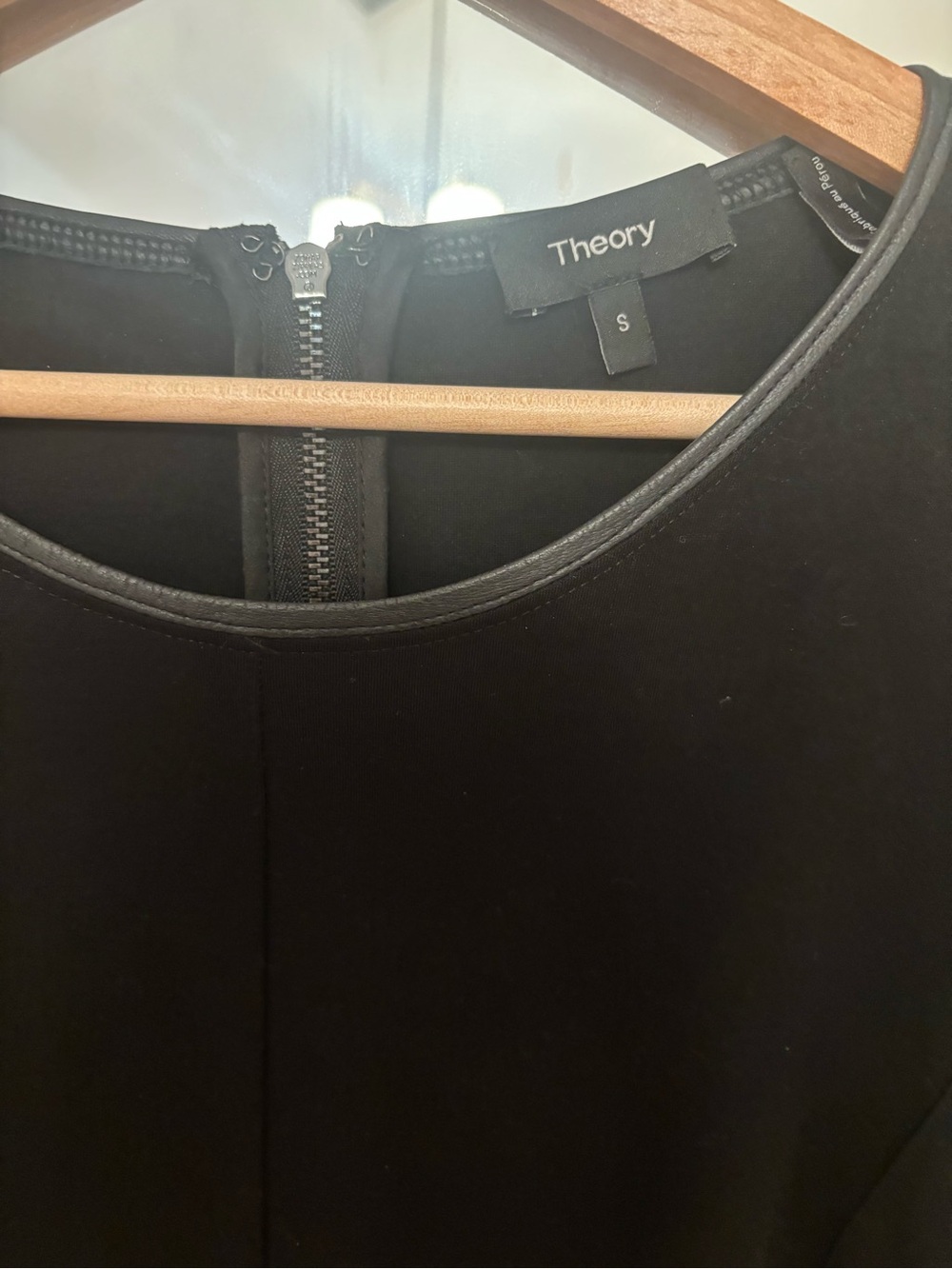Theory Black Dress with Leather Sleeves and Textured Floral Panel - Picture 2 of 3